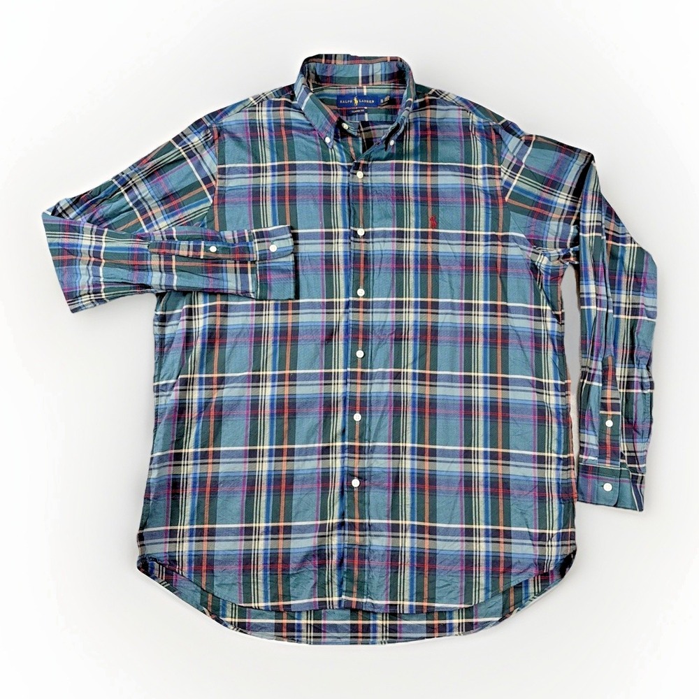 Ralph Lauren Button Down Shirt Mens XL Blue Plaid Classic Fit Long Sleeve Cotton